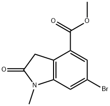 甲基 6-溴-1-甲基-2-氧亚基二氢吲哚-4-甲酸基酯 结构式