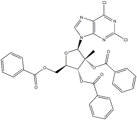 2,6-二氯-9-(2,3,5-三-O-苯甲酰基-2-C-甲基-BETA-D-呋喃核糖基)-9H-嘌呤 结构式