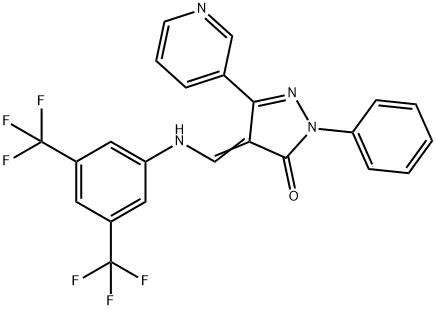 (4Z)-4-({[3,5-bis(trifluoromethyl)phenyl]amino}methylidene)-1-phenyl-3-(pyridin-3-yl)-4,5-dihydro-1H-pyrazol-5-one 结构式