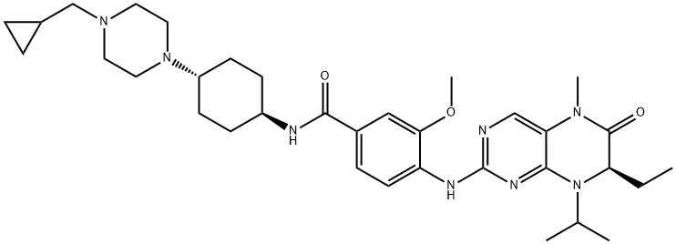 N-[反式-4-[4-(环丙基甲基)-1-哌嗪基]环己基]-4-[[(7R)-7-乙基-5,6,7,8-四氢-5-甲基-8-异丙基-6-氧代-2-蝶啶基]氨基]-3-甲氧基苯甲酰胺 结构式