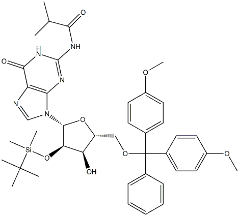 5'-O-[双(4-甲氧基苯基)苯基甲基]-2'-O-[(叔丁基)二甲基硅基]-N-(2-甲基-1-氧代丙基)鸟苷 结构式