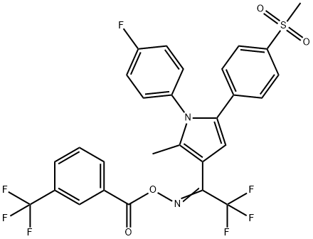 (Z)-{2,2,2-trifluoro-1-[1-(4-fluorophenyl)-5-(4-methanesulfonylphenyl)-2-methyl-1H-pyrrol-3-yl]ethylidene}amino 3-(trifluoromethyl)benzoate 结构式