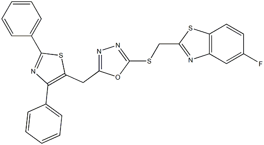 2-[({5-[(2,4-diphenyl-1,3-thiazol-5-yl)methyl]-1,3,4-oxadiazol-2-yl}sulfanyl)methyl]-5-fluoro-1,3-benzothiazole 结构式