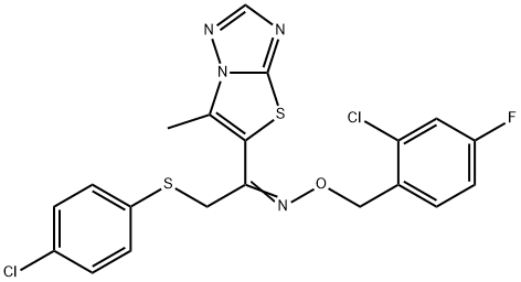 (E)-[(2-chloro-4-fluorophenyl)methoxy]({2-[(4-chlorophenyl)sulfanyl]-1-{6-methyl-[1,2,4]triazolo[3,2-b][1,3]thiazol-5-yl}ethylidene})amine 结构式