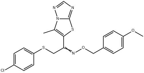 (E)-{2-[(4-chlorophenyl)sulfanyl]-1-{6-methyl-[1,2,4]triazolo[3,2-b][1,3]thiazol-5-yl}ethylidene}[(4-methoxyphenyl)methoxy]amine 结构式