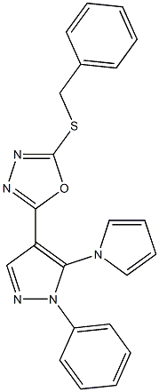 2-(benzylsulfanyl)-5-[1-phenyl-5-(1H-pyrrol-1-yl)-1H-pyrazol-4-yl]-1,3,4-oxadiazole 结构式