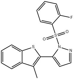 1-(2-fluorobenzenesulfonyl)-5-(3-methyl-1-benzothiophen-2-yl)-1H-pyrazole 结构式