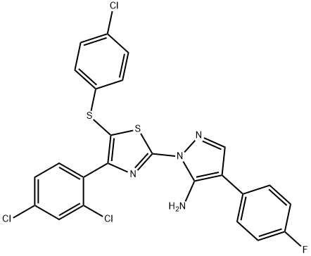 1-[5-[(4-chlorophenyl)sulfanyl]-4-(2,4-dichlorophenyl)-1,3-thiazol-2-yl]-4-(4-fluorophenyl)-1H-pyrazol-5-amine 结构式