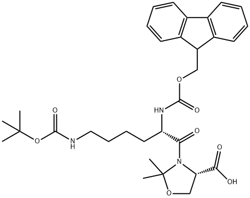 (4S)-3-[(2S)-6-[[叔丁氧羰基]氨基]-2-[[芴甲氧羰基]氨基]-1-氧代己基]-2,2-二甲基-4-恶唑烷羧酸 结构式