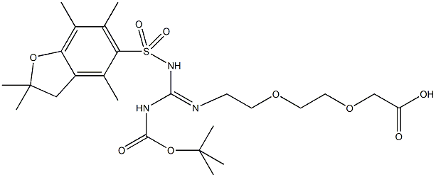 Boc,Pbf-amidino-Ado, Boc,Pbf-amidino-AEEA, 8-[N-t-Butyloxycarbonyl-N-(2,2,4,6,7-pentamethyldihydrobenzofuran-5-sulfonyl)]amidino-3,6-dioxaoctanoic acid, {2-[2-(N-Boc-N-Pbf-amidino)ethoxy]ethoxy}acetic acid 结构式