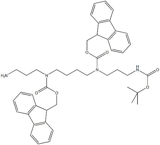 N4-(t-Butyloxycarbonyl)-N2,N3-bis-(9-fluorenylmethyloxycarbonyl)-1,5,10,14-tetra-aza-quatrodecan hydrochloride 结构式