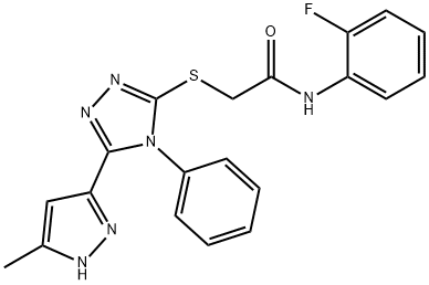 N-(2-fluorophenyl)-2-[[5-(5-methyl-1H-pyrazol-3-yl)-4-phenyl-1,2,4-triazol-3-yl]sulfanyl]acetamide 结构式