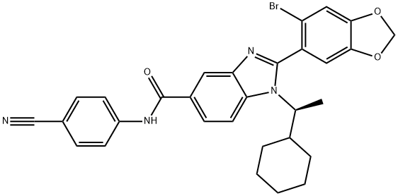 (S)-2-(6-溴苯并[D][1,3]二氧杂环戊烯-5-基)-N-(4-氰基苯基)-1-(1-环己基乙基)-1H-苯并[D]咪唑-5-甲酰胺 结构式