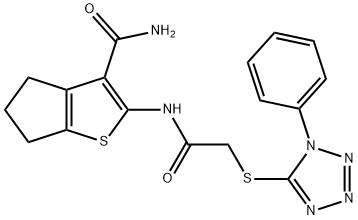 2-[[2-(1-phenyltetrazol-5-yl)sulfanylacetyl]amino]-5,6-dihydro-4H-cyclopenta[b]thiophene-3-carboxamide 结构式