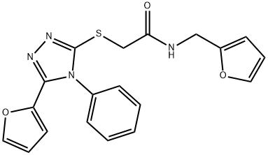 N-(furan-2-ylmethyl)-2-[[5-(furan-2-yl)-4-phenyl-1,2,4-triazol-3-yl]sulfanyl]acetamide 结构式