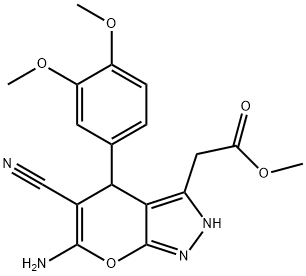 methyl 2-[6-amino-5-cyano-4-(3,4-dimethoxyphenyl)-2,4-dihydropyrano[2,3-c]pyrazol-3-yl]acetate 结构式