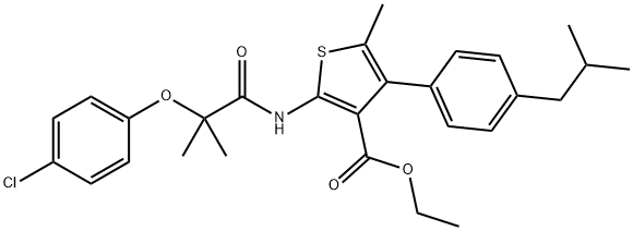 ethyl 2-[[2-(4-chlorophenoxy)-2-methylpropanoyl]amino]-5-methyl-4-[4-(2-methylpropyl)phenyl]thiophene-3-carboxylate 结构式