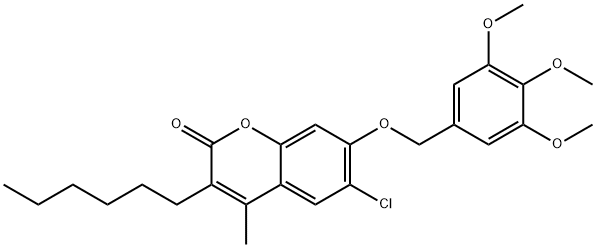 6-chloro-3-hexyl-4-methyl-7-[(3,4,5-trimethoxyphenyl)methoxy]chromen-2-one 结构式