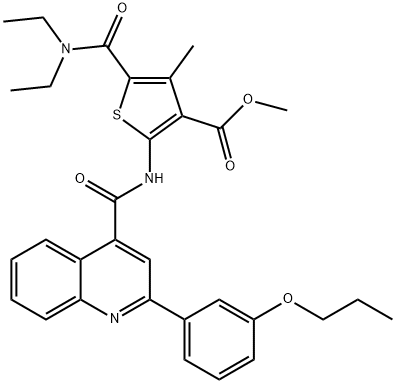 methyl 5-(diethylcarbamoyl)-4-methyl-2-[[2-(3-propoxyphenyl)quinoline-4-carbonyl]amino]thiophene-3-carboxylate 结构式