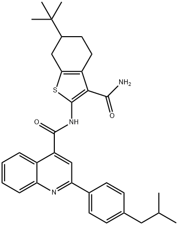 N-(6-tert-butyl-3-carbamoyl-4,5,6,7-tetrahydro-1-benzothiophen-2-yl)-2-[4-(2-methylpropyl)phenyl]quinoline-4-carboxamide 结构式