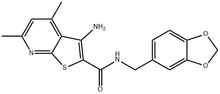 3-氨基-N-(苯并[D][1,3]二氧戊环-5-基甲基)-4,6-二甲基噻吩并[2,3-B]吡啶-2-甲酰胺 结构式