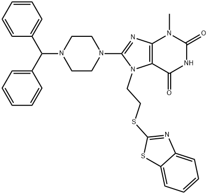 8-(4-benzhydrylpiperazin-1-yl)-7-[2-(1,3-benzothiazol-2-ylsulfanyl)ethyl]-3-methylpurine-2,6-dione 结构式