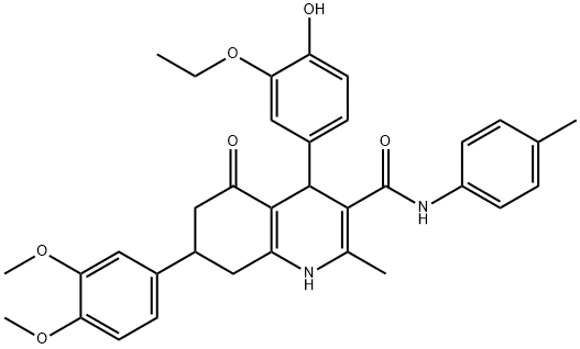 7-(3,4-dimethoxyphenyl)-4-(3-ethoxy-4-hydroxyphenyl)-2-methyl-N-(4-methylphenyl)-5-oxo-4,6,7,8-tetrahydro-1H-quinoline-3-carboxamide 结构式