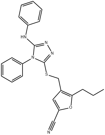 4-[(5-anilino-4-phenyl-1,2,4-triazol-3-yl)sulfanylmethyl]-5-propylfuran-2-carbonitrile 结构式