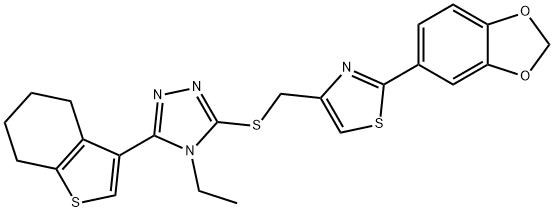 2-(1,3-benzodioxol-5-yl)-4-[[4-ethyl-5-(4,5,6,7-tetrahydro-1-benzothiophen-3-yl)-1,2,4-triazol-3-yl]sulfanylmethyl]-1,3-thiazole 结构式