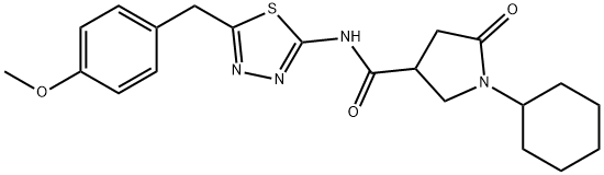 1-cyclohexyl-N-[5-[(4-methoxyphenyl)methyl]-1,3,4-thiadiazol-2-yl]-5-oxopyrrolidine-3-carboxamide 结构式