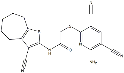 2-(6-amino-3,5-dicyanopyridin-2-yl)sulfanyl-N-(3-cyano-5,6,7,8-tetrahydro-4H-cyclohepta[b]thiophen-2-yl)acetamide 结构式