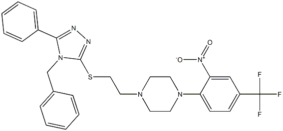 1-[2-[(4-benzyl-5-phenyl-1,2,4-triazol-3-yl)sulfanyl]ethyl]-4-[2-nitro-4-(trifluoromethyl)phenyl]piperazine 结构式