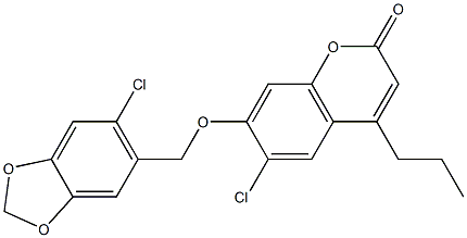 6-chloro-7-[(6-chloro-1,3-benzodioxol-5-yl)methoxy]-4-propylchromen-2-one 结构式