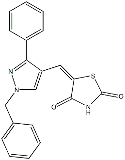 (5E)-5-[(1-benzyl-3-phenylpyrazol-4-yl)methylidene]-1,3-thiazolidine-2,4-dione 结构式