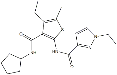 N-[3-(cyclopentylcarbamoyl)-4-ethyl-5-methylthiophen-2-yl]-1-ethylpyrazole-3-carboxamide 结构式