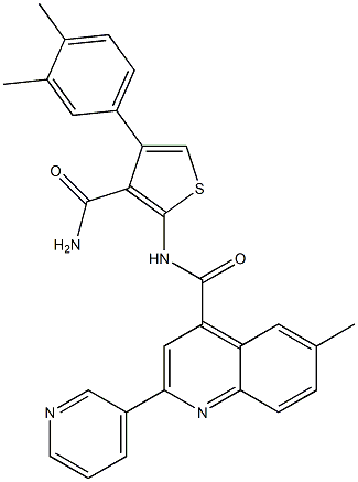 N-[3-carbamoyl-4-(3,4-dimethylphenyl)thiophen-2-yl]-6-methyl-2-pyridin-3-ylquinoline-4-carboxamide 结构式