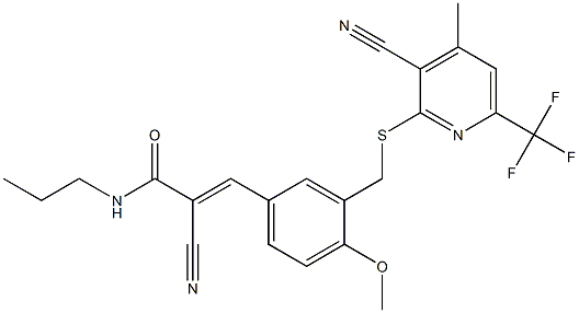 (E)-2-cyano-3-[3-[[3-cyano-4-methyl-6-(trifluoromethyl)pyridin-2-yl]sulfanylmethyl]-4-methoxyphenyl]-N-propylprop-2-enamide 结构式