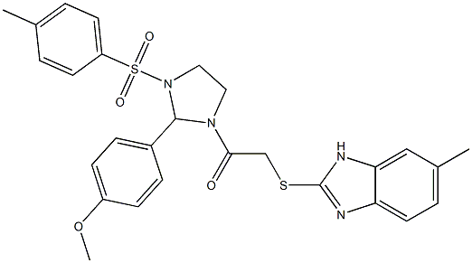 1-[2-(4-methoxyphenyl)-3-(4-methylphenyl)sulfonylimidazolidin-1-yl]-2-[(6-methyl-1H-benzimidazol-2-yl)sulfanyl]ethanone 结构式