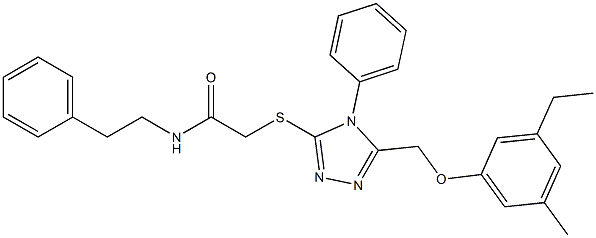 2-[[5-[(3-ethyl-5-methylphenoxy)methyl]-4-phenyl-1,2,4-triazol-3-yl]sulfanyl]-N-(2-phenylethyl)acetamide 结构式