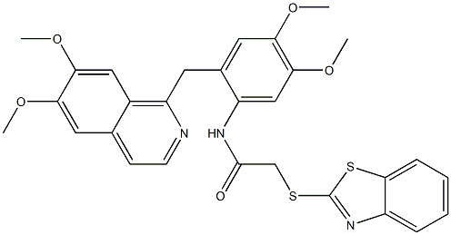 2-(1,3-benzothiazol-2-ylsulfanyl)-N-[2-[(6,7-dimethoxyisoquinolin-1-yl)methyl]-4,5-dimethoxyphenyl]acetamide 结构式