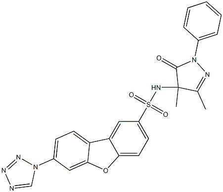 N-(3,4-dimethyl-5-oxo-1-phenylpyrazol-4-yl)-7-(tetrazol-1-yl)dibenzofuran-2-sulfonamide 结构式