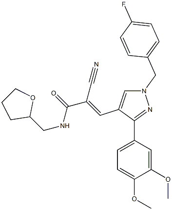 (E)-2-cyano-3-[3-(3,4-dimethoxyphenyl)-1-[(4-fluorophenyl)methyl]pyrazol-4-yl]-N-(oxolan-2-ylmethyl)prop-2-enamide 结构式