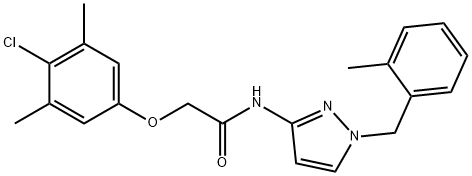 2-(4-chloro-3,5-dimethylphenoxy)-N-[1-[(2-methylphenyl)methyl]pyrazol-3-yl]acetamide 结构式