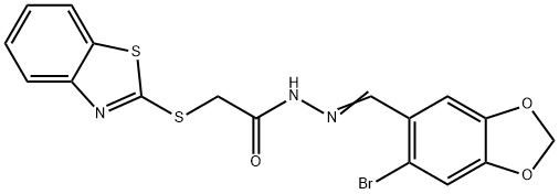 2-(1,3-benzothiazol-2-ylsulfanyl)-N-[(E)-(6-bromo-1,3-benzodioxol-5-yl)methylideneamino]acetamide 结构式