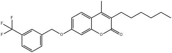 3-hexyl-4-methyl-7-[[3-(trifluoromethyl)phenyl]methoxy]chromen-2-one 结构式