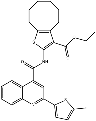 ethyl 2-[[2-(5-methylthiophen-2-yl)quinoline-4-carbonyl]amino]-4,5,6,7,8,9-hexahydrocycloocta[b]thiophene-3-carboxylate 结构式