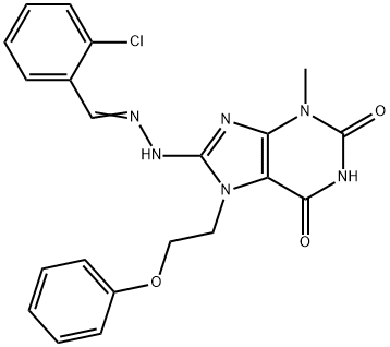 8-[(2E)-2-[(2-chlorophenyl)methylidene]hydrazinyl]-3-methyl-7-(2-phenoxyethyl)purine-2,6-dione 结构式