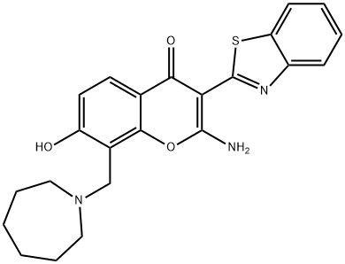 2-amino-8-(azepan-1-ylmethyl)-3-(1,3-benzothiazol-2-yl)-7-hydroxychromen-4-one 结构式