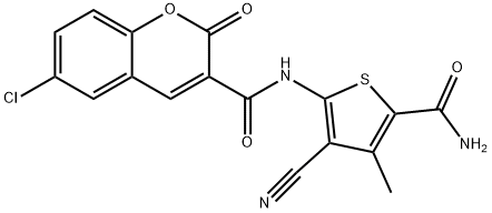 N-(5-carbamoyl-3-cyano-4-methylthiophen-2-yl)-6-chloro-2-oxochromene-3-carboxamide 结构式