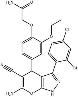 2-[4-[6-amino-5-cyano-3-(2,4-dichlorophenyl)-2,4-dihydropyrano[2,3-c]pyrazol-4-yl]-2-ethoxyphenoxy]acetamide 结构式